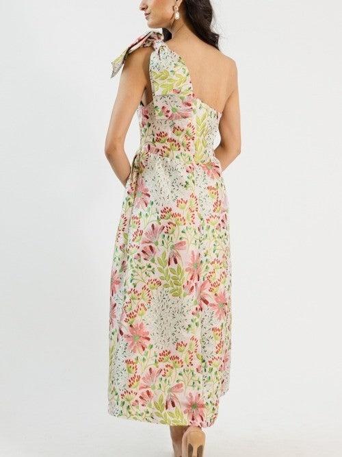 Bow Shoulder Jacquard Midi Dress