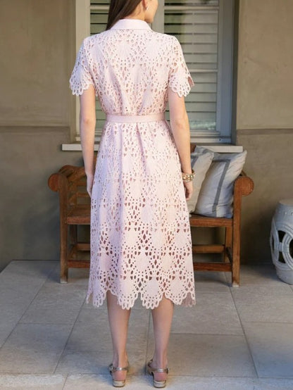 Robin Belted Short Sleeve Lace Midi Dress