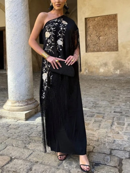Floral Embroidered Fringe Maxi Dress