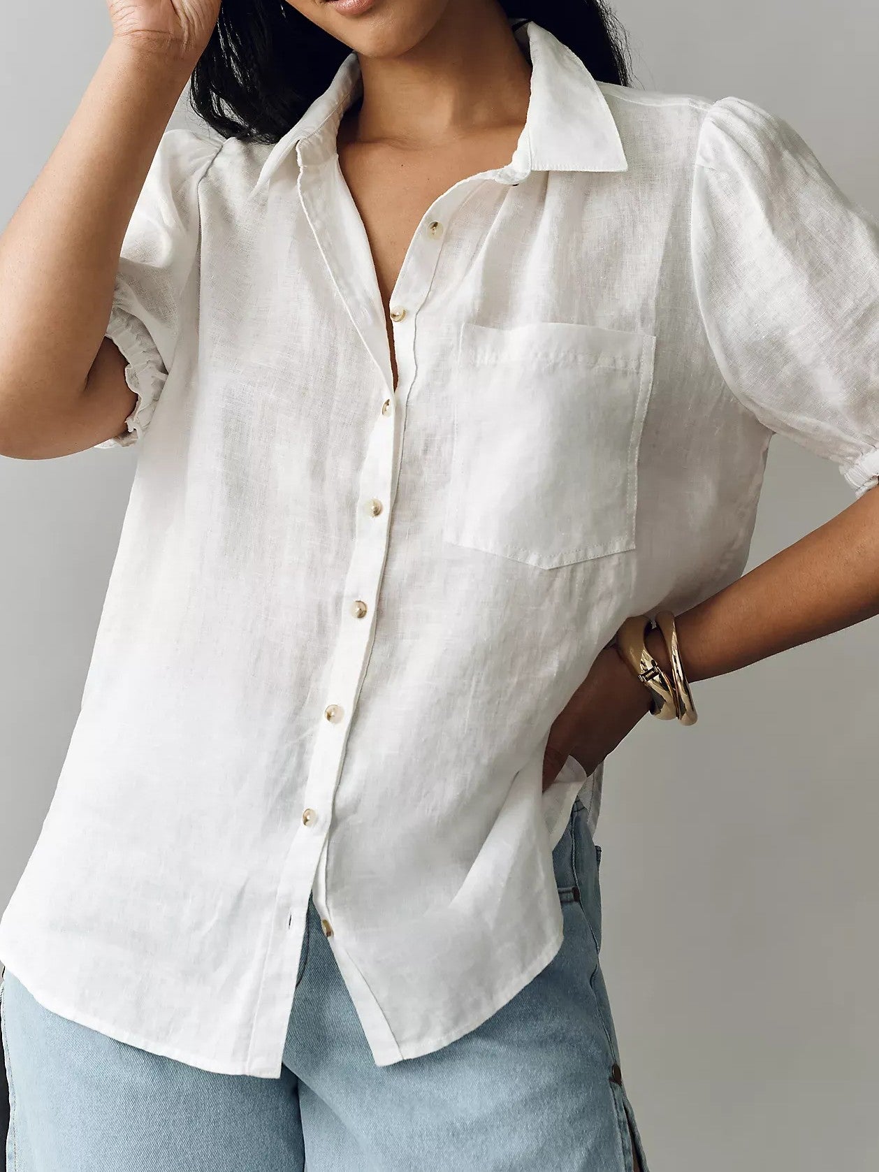 Aly 100% European Linen Puff-Sleeve Blouse
