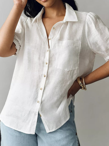 Aly 100% European Linen Puff-Sleeve Blouse