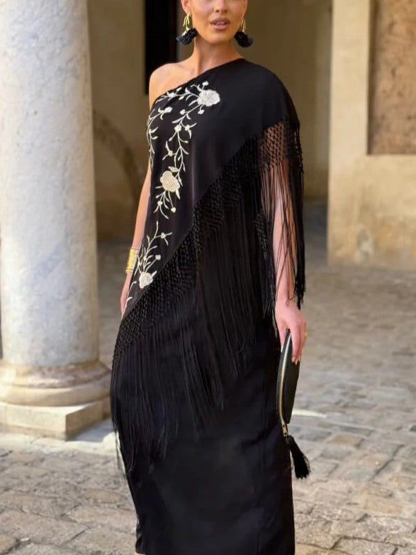 Floral Embroidered Fringe Maxi Dress