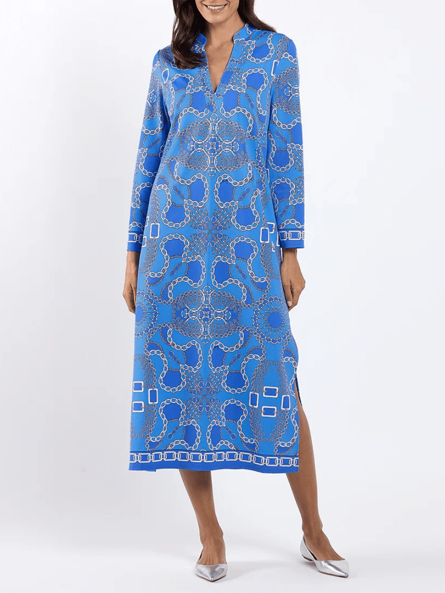 Luxury Chain Link Print Blue Midi Dress - allsose