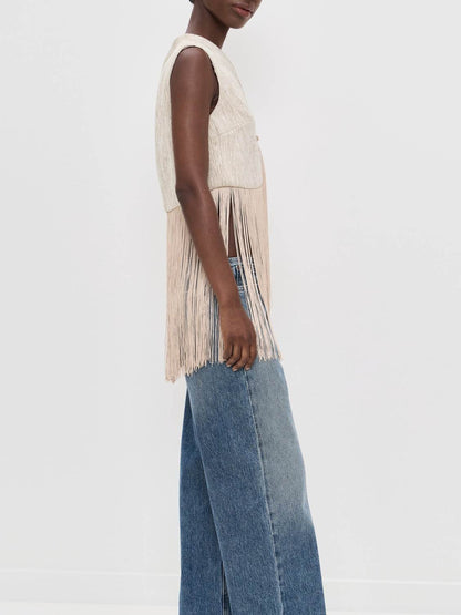 Neutral Textured Fringe Waistcoat