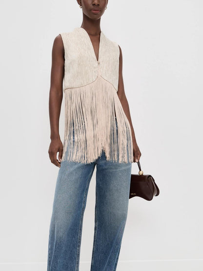 Neutral Textured Fringe Waistcoat