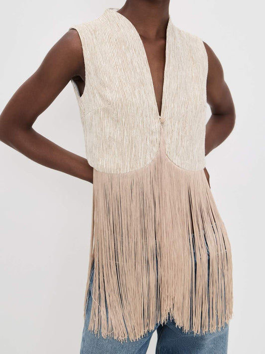 Neutral Textured Fringe Waistcoat