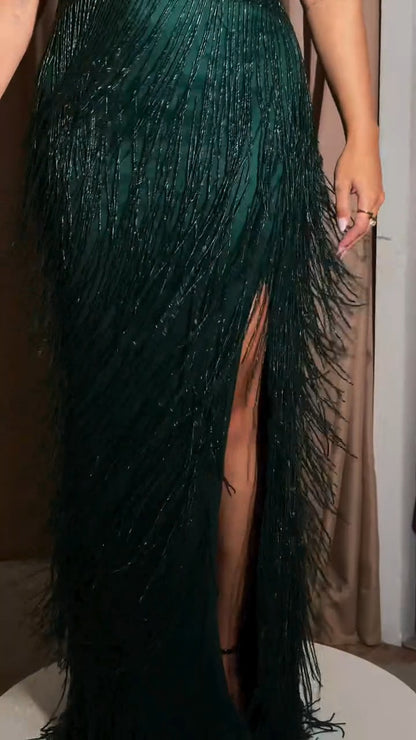 Dark Green Cutout Fringe Dress