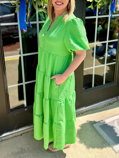 Summer Green Textured Tiered Midi Dress For Casual Wear - allsose