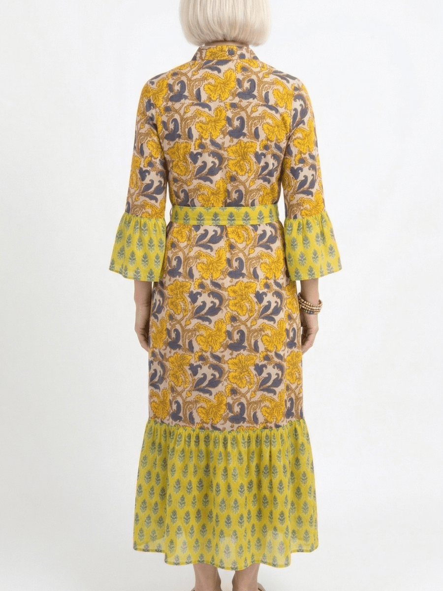 Yellow Floral Print Ruffle Cuff Button - Down Midi Dress With Belt - allsose