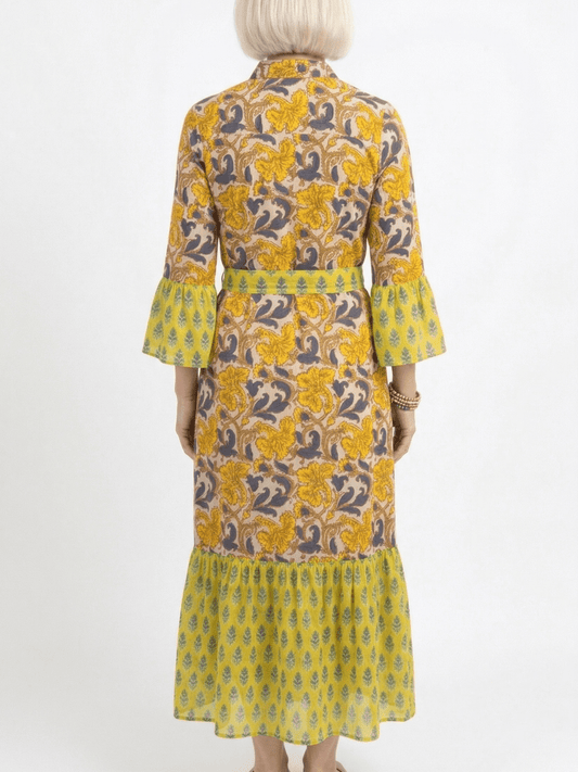 Yellow Floral Print Ruffle Cuff Button - Down Midi Dress With Belt - allsose
